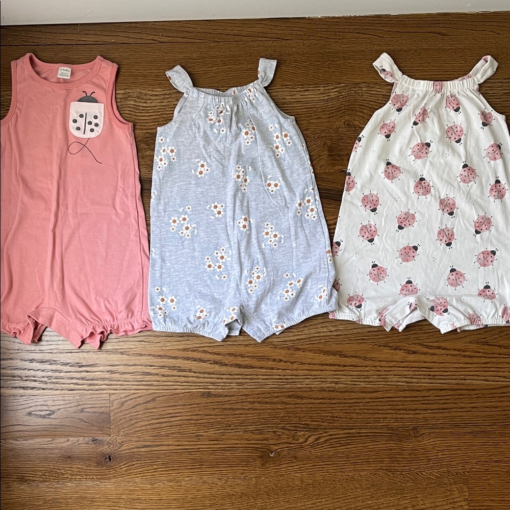 Set of Three Baby Rompers in Pink, Blue, and White